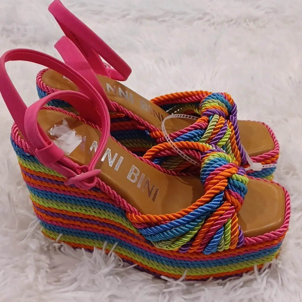 Gianni Bini Rainbow Striped Platform Sandals with Pink Straps